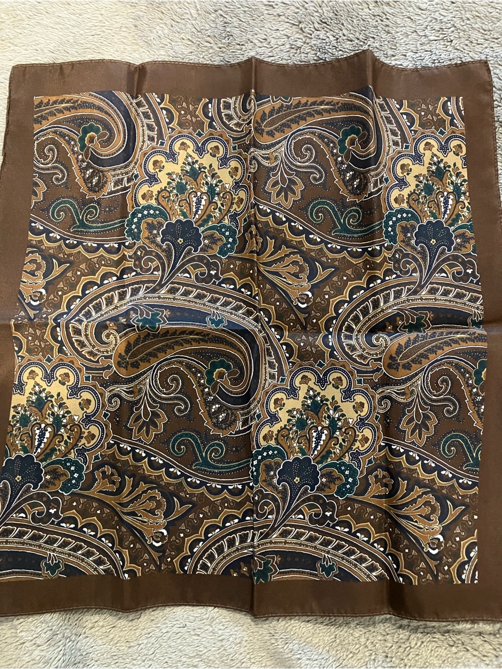 Hugo Boss pocket square Brown Paisley Silk Scarf with Teal & Cream Accents